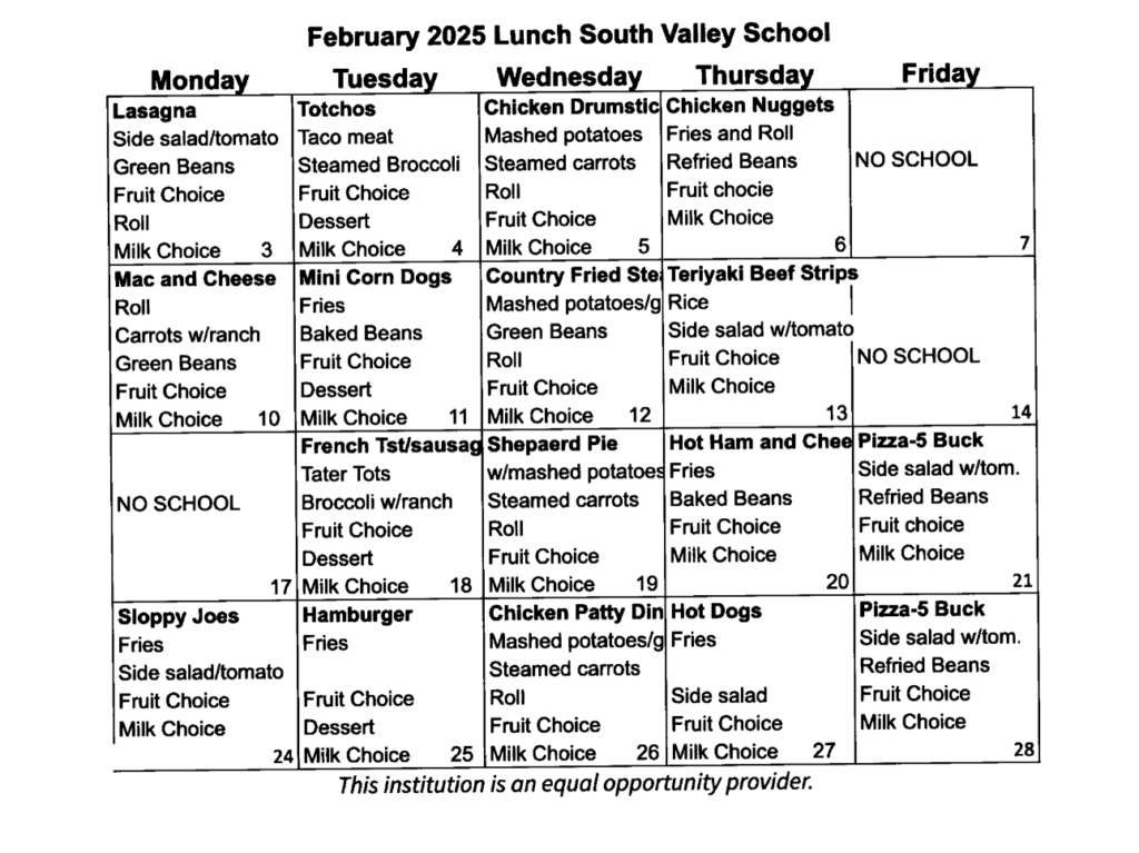 Lunch Menu Feb 25